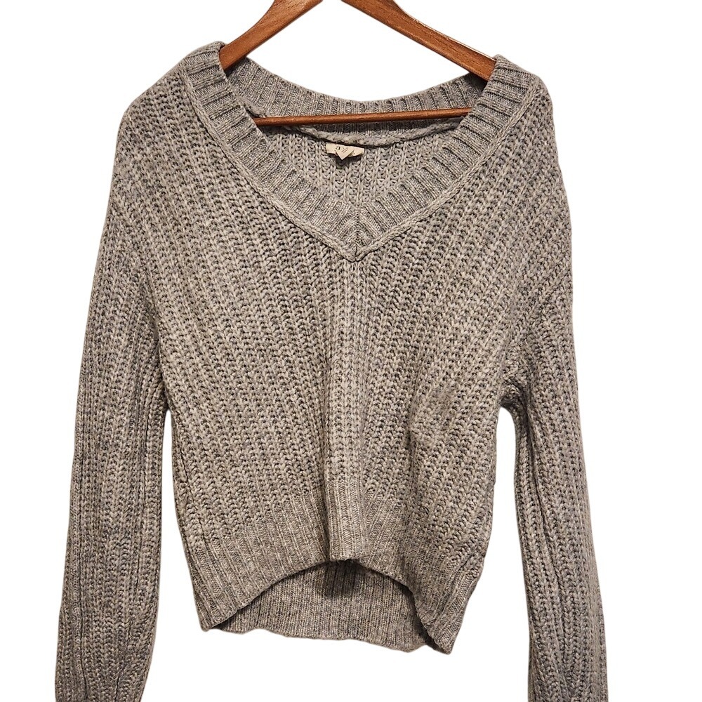 ANA Womens Gray Knit V Neck Long‎ Sleeve Cropped Sweater Size M